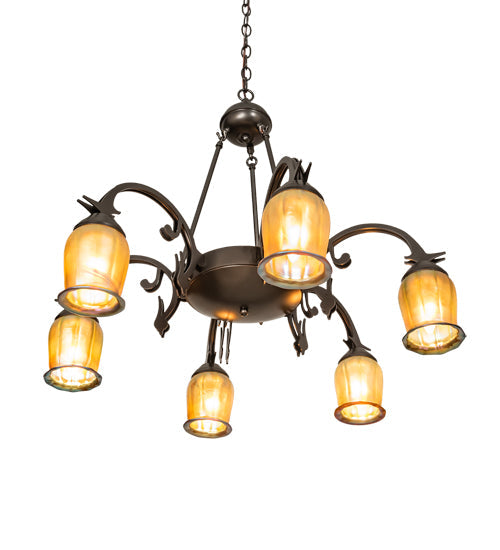 Meyda Lighting Revival 29" 6-Light Exterior Oil Rubbed Bronze Favrile Chandelier With Gold Iridescent Shade Glass