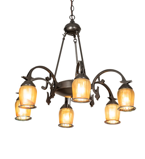Meyda Lighting Revival 29" 6-Light Exterior Oil Rubbed Bronze Favrile Chandelier With Gold Iridescent Shade Glass