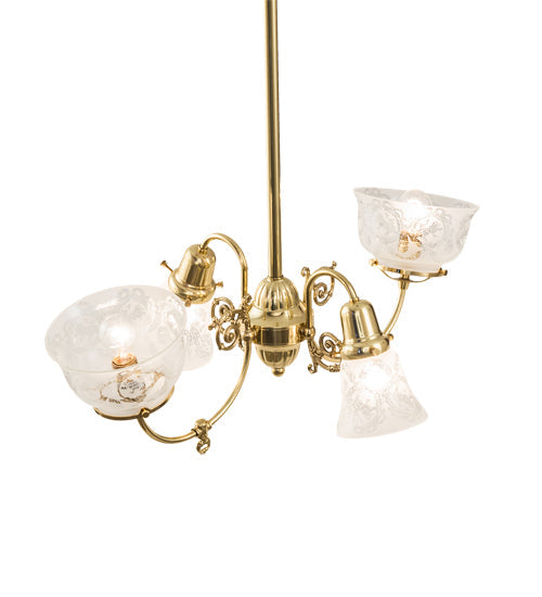 Meyda Lighting Revival 31" 4-Light Polished Brass Gas & Electric Island Chandelier With Clear Etched Shade Glass