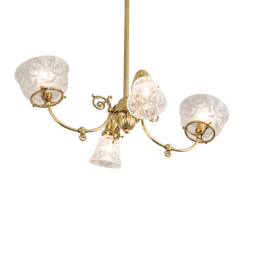 Meyda Lighting Revival 31" 4-Light Polished Brass Gas & Electric Island Chandelier With Clear Etched Shade Glass