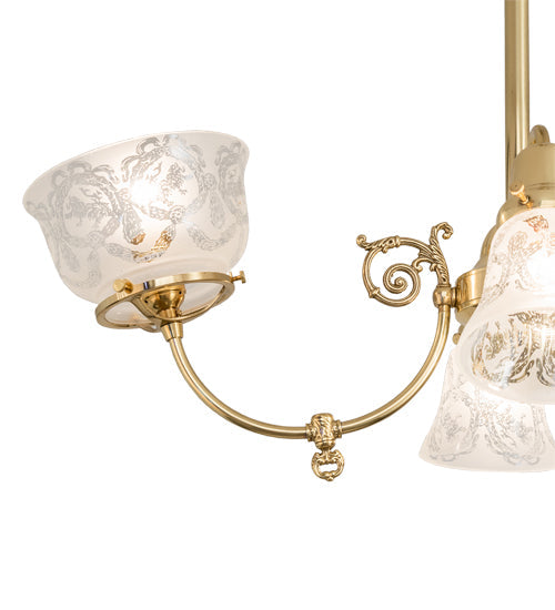 Meyda Lighting Revival 31" 4-Light Polished Brass Gas & Electric Island Chandelier With Clear Etched Shade Glass
