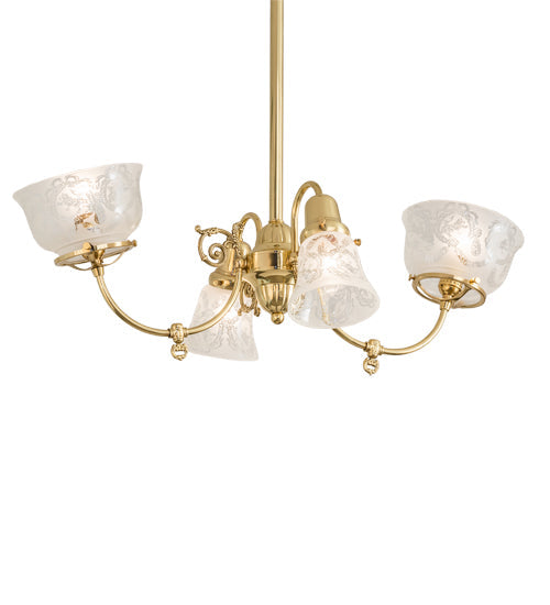 Meyda Lighting Revival 31" 4-Light Polished Brass Gas & Electric Island Chandelier With Clear Etched Shade Glass