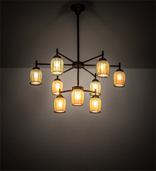 Meyda Lighting Revival 32" 9-Light Mahogany Bronze Favrile Chandelier With Gold Iridescent Shade Glass