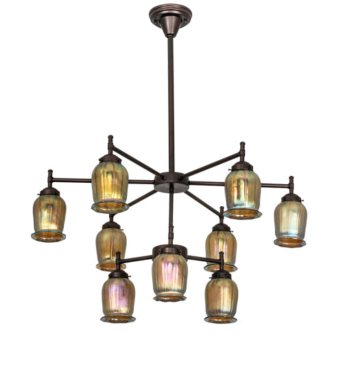 Meyda Lighting Revival 32" 9-Light Mahogany Bronze Favrile Chandelier With Gold Iridescent Shade Glass