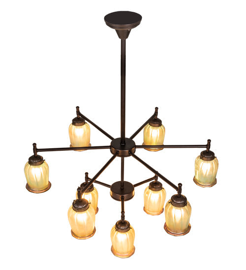 Meyda Lighting Revival 32" 9-Light Mahogany Bronze Favrile Chandelier With Gold Iridescent Shade Glass
