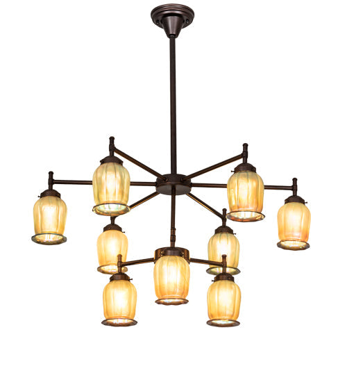 Meyda Lighting Revival 32" 9-Light Mahogany Bronze Favrile Chandelier With Gold Iridescent Shade Glass