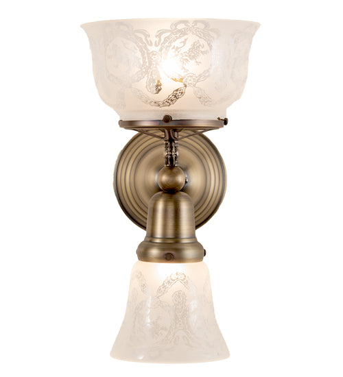 Meyda Lighting Revival 7" 2-Light Antique Brass Gas & Electric Wall Sconce With White Shade Glass