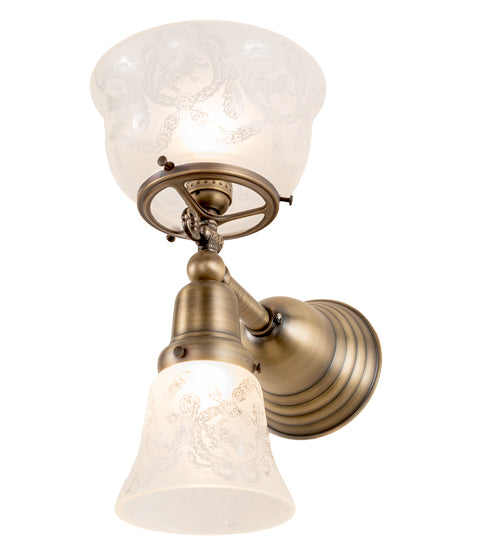 Meyda Lighting Revival 7" 2-Light Antique Brass Gas & Electric Wall Sconce With White Shade Glass