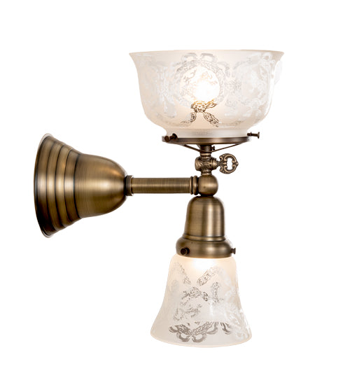 Meyda Lighting Revival 7" 2-Light Antique Brass Gas & Electric Wall Sconce With White Shade Glass