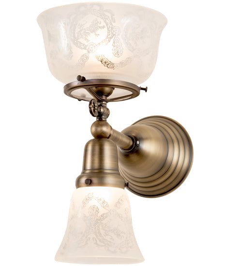 Meyda Lighting Revival 7" 2-Light Antique Brass Gas & Electric Wall Sconce With White Shade Glass