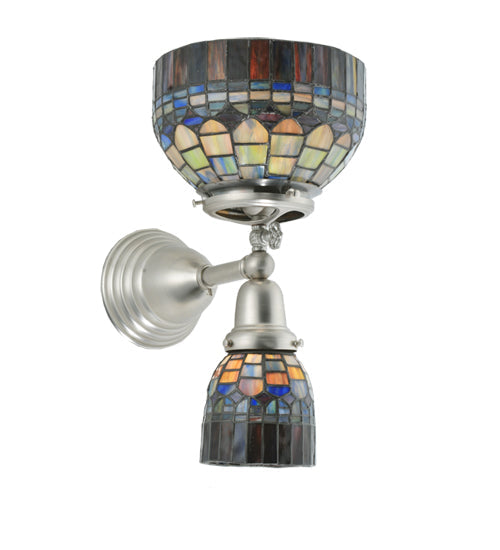 Meyda Lighting Revival 8" 2-Light Brushed Nickel Tiffany Candice Gas & Electric Wall Sconce With Multi-Colored Shade Glass