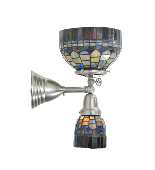 Meyda Lighting Revival 8" 2-Light Brushed Nickel Tiffany Candice Gas & Electric Wall Sconce With Multi-Colored Shade Glass