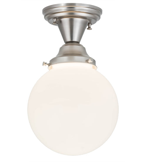 Meyda Lighting Revival 8" Brushed Nickel Schoolhouse Flush Mount Light With White Globe Shade Glass