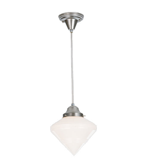 Meyda Lighting Revival 9" Antique Nickel Schoolhouse Mini Pendant Light With White Opal Deco Cone Shade Glass