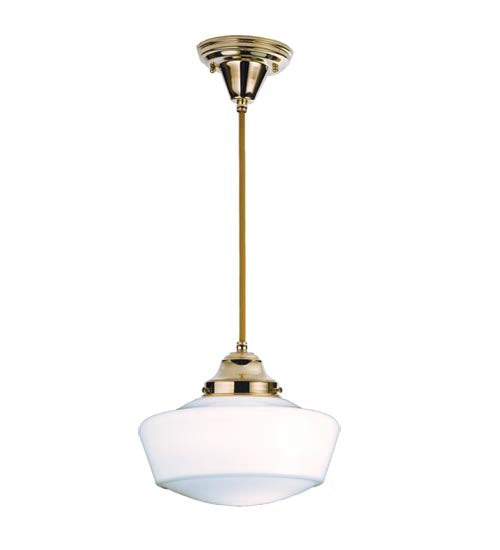 Meyda Lighting Revival 9" Polished Brass Schoolhouse Traditional Mini Pendant Light With White Opal Globe Shade Glass