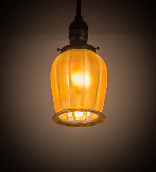 Meyda Lighting Revival Chelsea Favrile 5" Craftsman Brown Chelsea Favrile Mini Pendant Light With Gold & Yellow Iridescent Shade Glass