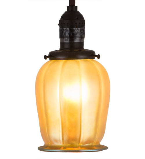 Meyda Lighting Revival Chelsea Favrile 5" Craftsman Brown Chelsea Favrile Mini Pendant Light With Gold & Yellow Iridescent Shade Glass