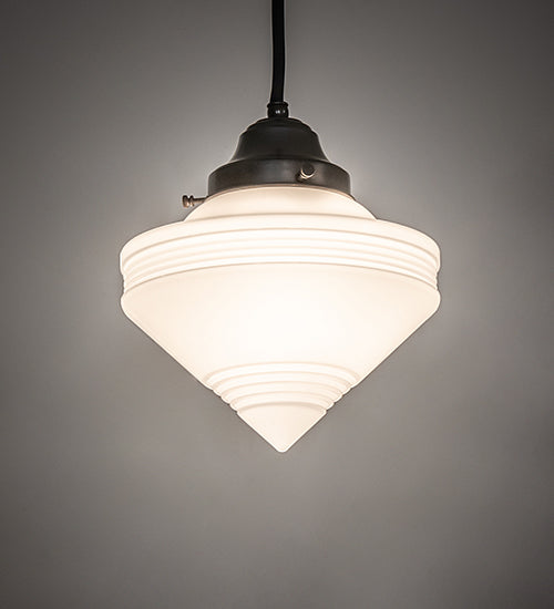 Meyda Lighting Revival Schoolhouse 8" Craftsman Brown Deco Cone Globe Mini Pendant Light With White Opal Shade Glass