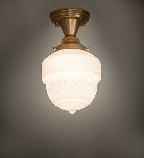 Meyda Lighting Revival Schoolhouse 8" Satin Brass Patina Rochelle Globe Semi-flush Mount Light With White Opal Shade Glass