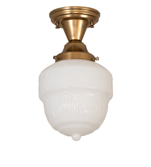 Meyda Lighting Revival Schoolhouse 8" Satin Brass Patina Rochelle Globe Semi-flush Mount Light With White Opal Shade Glass