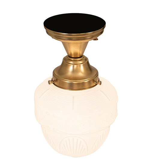 Meyda Lighting Revival Schoolhouse 8" Satin Brass Patina Rochelle Globe Semi-flush Mount Light With White Opal Shade Glass