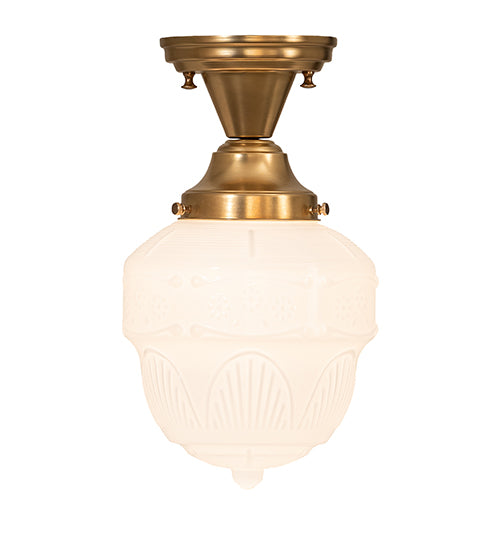 Meyda Lighting Revival Schoolhouse 8" Satin Brass Patina Rochelle Globe Semi-flush Mount Light With White Opal Shade Glass