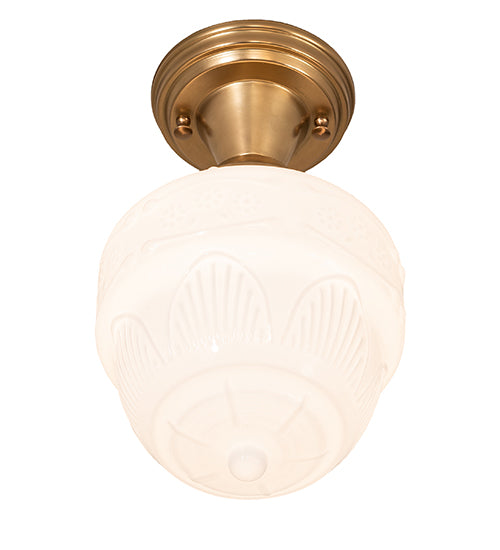 Meyda Lighting Revival Schoolhouse 8" Satin Brass Patina Rochelle Globe Semi-flush Mount Light With White Opal Shade Glass