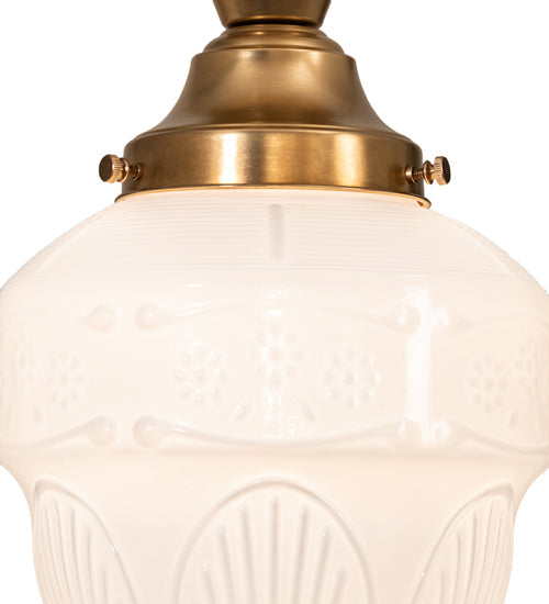 Meyda Lighting Revival Schoolhouse 8" Satin Brass Patina Rochelle Globe Semi-flush Mount Light With White Opal Shade Glass