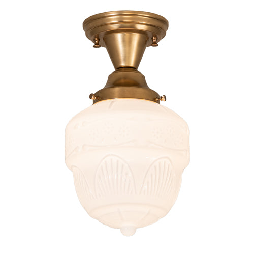 Meyda Lighting Revival Schoolhouse 8" Satin Brass Patina Rochelle Globe Semi-flush Mount Light With White Opal Shade Glass