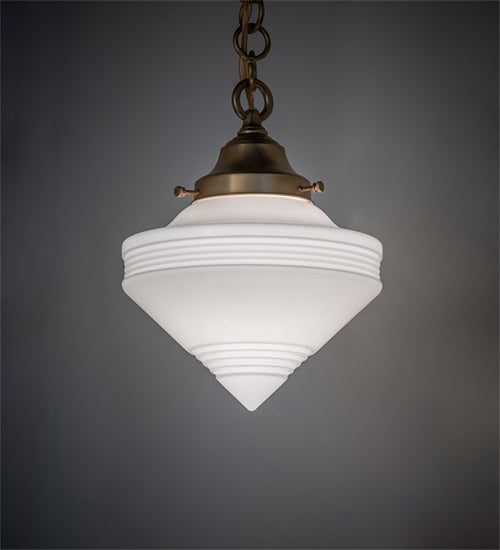 Meyda Lighting Revival Schoolhouse 9" Brushed Brass Deco Cone Pendant Light With White Globe Shade Glass