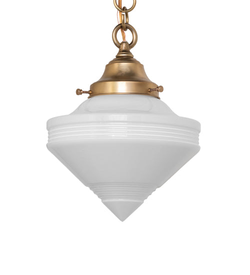 Meyda Lighting Revival Schoolhouse 9" Brushed Brass Deco Cone Pendant Light With White Globe Shade Glass