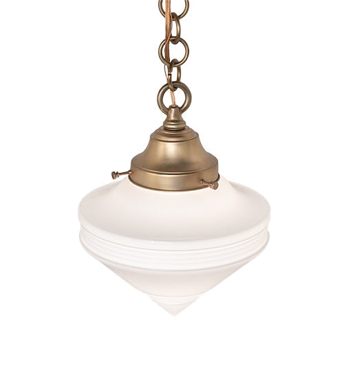 Meyda Lighting Revival Schoolhouse 9" Brushed Brass Deco Cone Pendant Light With White Globe Shade Glass