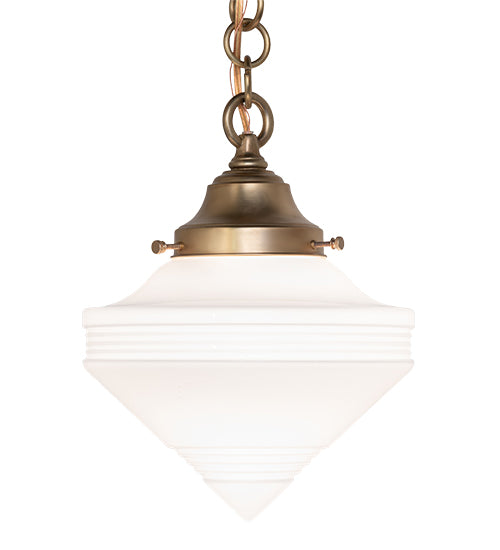 Meyda Lighting Revival Schoolhouse 9" Brushed Brass Deco Cone Pendant Light With White Globe Shade Glass