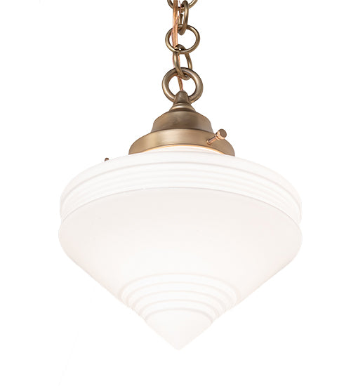 Meyda Lighting Revival Schoolhouse 9" Brushed Brass Deco Cone Pendant Light With White Globe Shade Glass