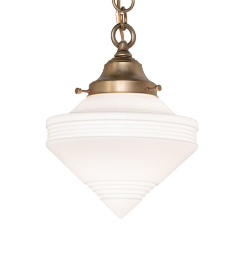Meyda Lighting Revival Schoolhouse 9" Brushed Brass Deco Cone Pendant Light With White Globe Shade Glass