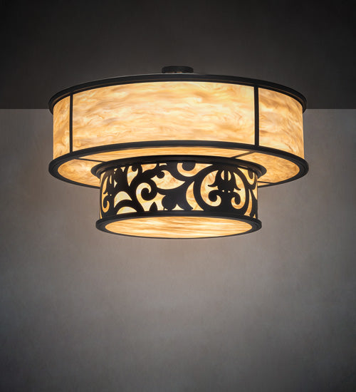 Meyda Lighting Rickard 48" 16-Light 2-Tier Blackwash Pendant Light With Beige Travertine Idalight Shade