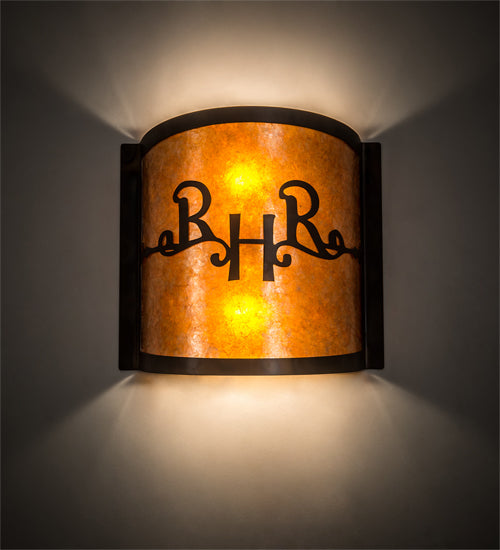 Meyda Lighting Ridin Hy Personalized 12" 2-Light Dark Burnished Antique Copper Wall Sconce With Amber Mica Shade Glass