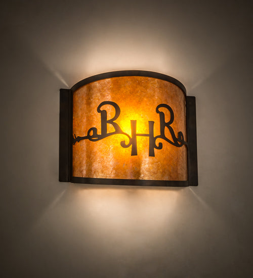 Meyda Lighting Ridin Hy Personalized 12" Dark Burnished Antique Copper Wall Sconce With Amber Mica Shade Glass