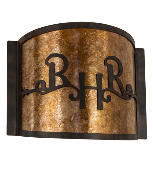 Meyda Lighting Ridin Hy Personalized 12" Dark Burnished Antique Copper Wall Sconce With Amber Mica Shade Glass