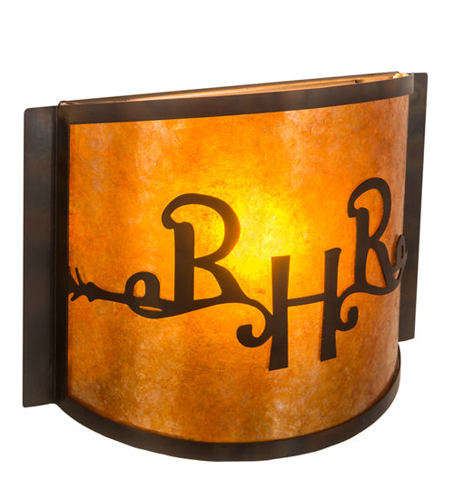 Meyda Lighting Ridin Hy Personalized 12" Dark Burnished Antique Copper Wall Sconce With Amber Mica Shade Glass