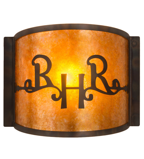 Meyda Lighting Ridin Hy Personalized 12" Dark Burnished Antique Copper Wall Sconce With Amber Mica Shade Glass