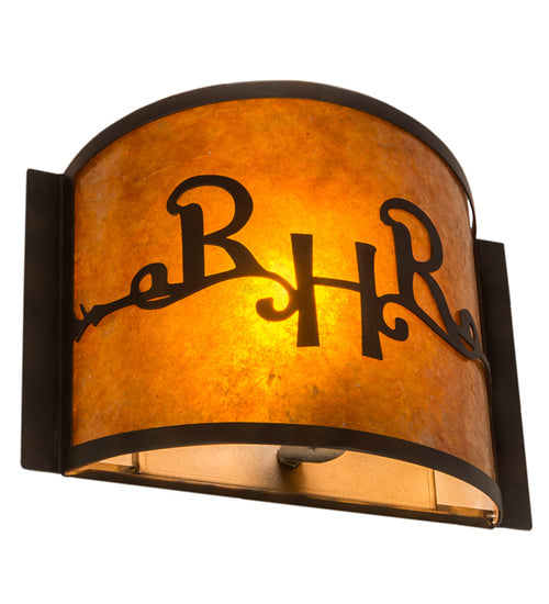 Meyda Lighting Ridin Hy Personalized 12" Dark Burnished Antique Copper Wall Sconce With Amber Mica Shade Glass