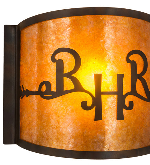 Meyda Lighting Ridin Hy Personalized 12" Dark Burnished Antique Copper Wall Sconce With Amber Mica Shade Glass