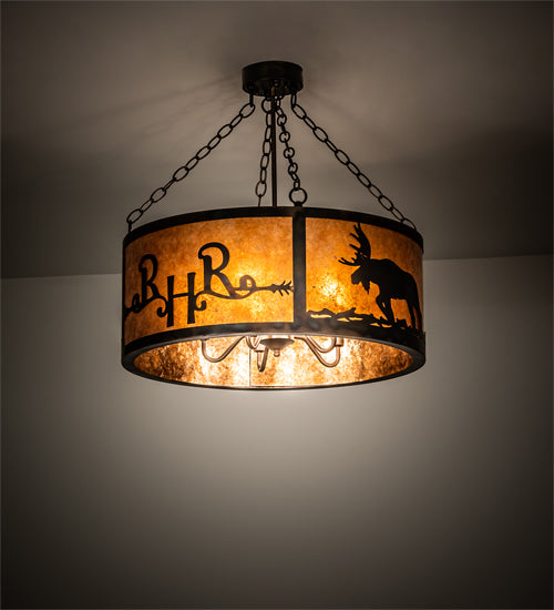 Meyda Lighting Ridin Hy Personalized 213958 24" 5-Light Dark Burnished Antique Copper Semi-flush Mount Light With Amber Mica Shade Glass