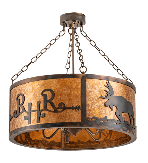 Meyda Lighting Ridin Hy Personalized 213958 24" 5-Light Dark Burnished Antique Copper Semi-flush Mount Light With Amber Mica Shade Glass