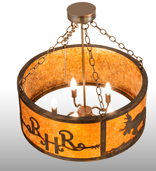 Meyda Lighting Ridin Hy Personalized 213958 24" 5-Light Dark Burnished Antique Copper Semi-flush Mount Light With Amber Mica Shade Glass