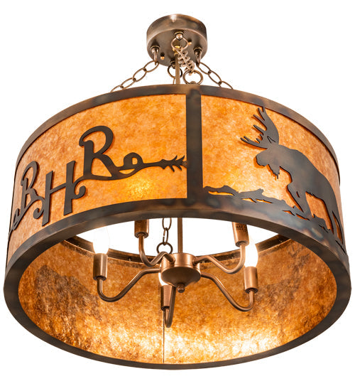 Meyda Lighting Ridin Hy Personalized 213958 24" 5-Light Dark Burnished Antique Copper Semi-flush Mount Light With Amber Mica Shade Glass