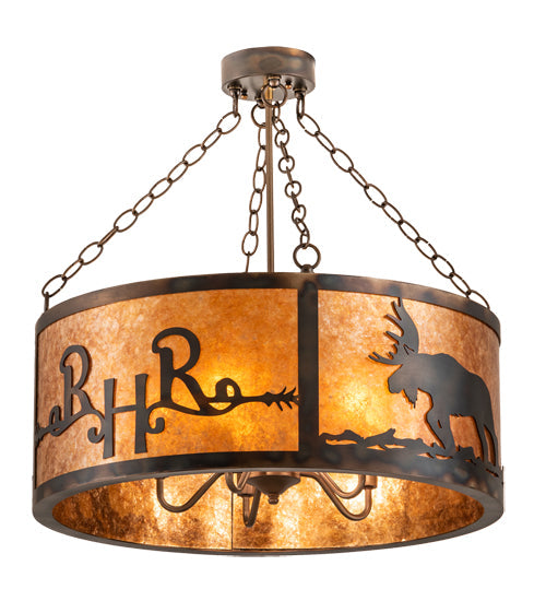 Meyda Lighting Ridin Hy Personalized 213958 24" 5-Light Dark Burnished Antique Copper Semi-flush Mount Light With Amber Mica Shade Glass