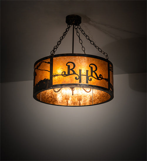 Meyda Lighting Ridin Hy Personalized 24" 5-Light Dark Burnished Antique Copper Semi-flush Mount Light With Amber Mica Shade Glass