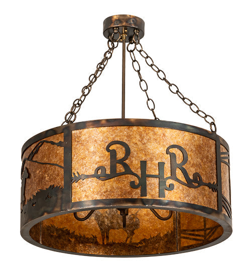 Meyda Lighting Ridin Hy Personalized 24" 5-Light Dark Burnished Antique Copper Semi-flush Mount Light With Amber Mica Shade Glass